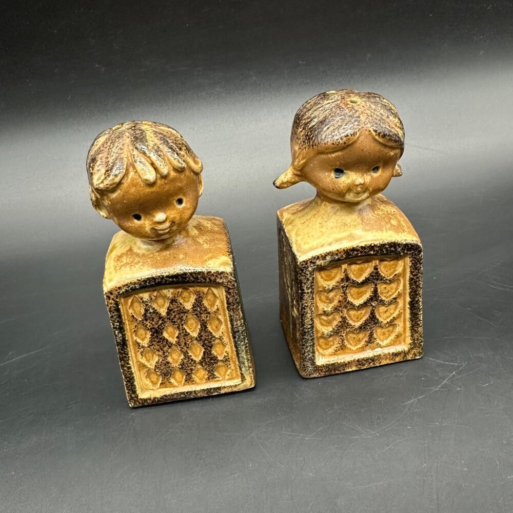 Vintage Shaker Set 1970s Boy Girl Brown Salt Pepper Boho Kitschy Figurines